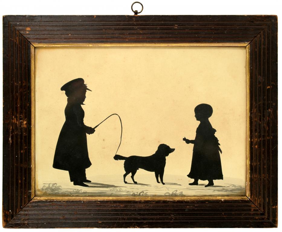 HUBARD GALLERY (1822-C1845) SILHOUETTE OF TWO CHILDREN AND THEIR DOG cut paper with grey wash, 18