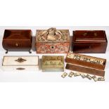 A REGENCY SHELL ENCRUSTED ROSEWOOD TEA CADDY, a George III mahogany tea caddy with barber pole