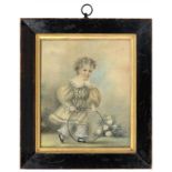 ENGLISH SCHOOL, 19TH C A YOUNG CHILD WITH A HOOP watercolour, 18 x 15cm, ebonised frame and a