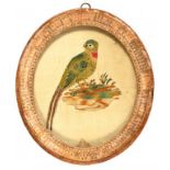 TWO GEORGE III EMBROIDERED OVAL SILK PICTURES, C1780-1800 of a long tailed green bird and spray of