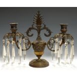 A GILT AND PATINATED BRASS LUSTRE CANDELABRUM, PROBABLY ENGLISH, C1830 of vase shape, applied with