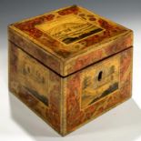 AN UNUSUAL REGENCY TUNBRIDGE PAINTED WHITEWOOD CUBE TEA CADDY, C1815-20 painted to the lid and all