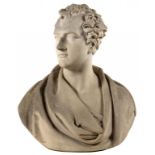 A RECONSTITUTED STONE BUST OF LORD BYRON A L'ANTICA, 20TH C by Haddonstone, 65cm h++Good condtion