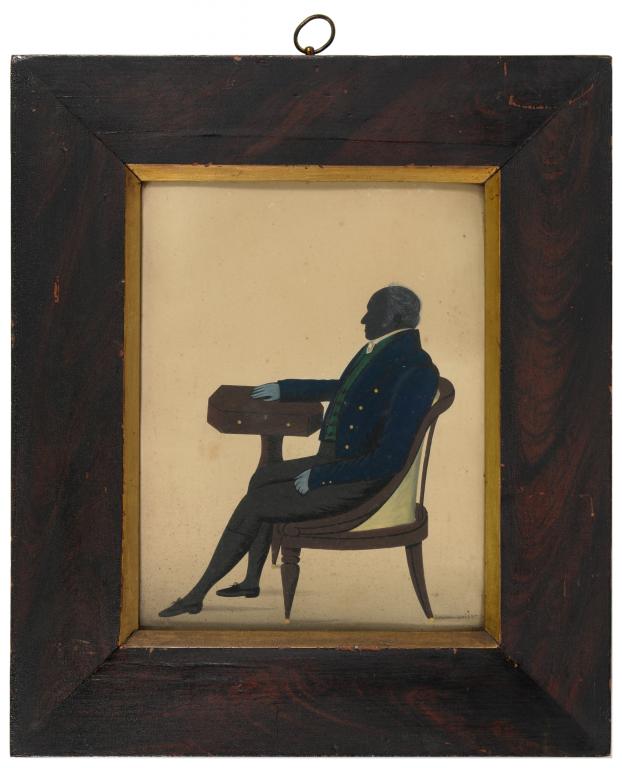 REUBEN WRIGHT SILHOUETTE OF A GENTLEMAN seated full length his right hand on a table, signed, ink