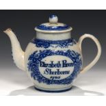 A BLUE PRINTED PEARLWARE TEAPOT AND COVER, C1800 with the Peace of Amiens and to the other side a