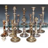 SIX PAIRS OF SHEFFIELD PLATE AND ELECTROPLATED CANDLESTICKS AND THREE OTHERS, EARLY 19TH C AND LATER