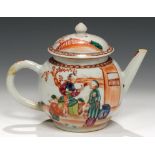 A CHINESE EXPORT PORCELAIN FAMILLE ROSE TEAPOT AND COVER, C1770 enamelled with a 'mandarin' pattern,