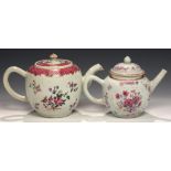 TWO CHINESE EXPORT PORCELAIN FAMILLE ROSE TEAPOTS AND COVERS, C1770-90 the larger with puce scale