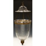 A GLASS HALL LANTERN, 19TH C with brass mount and stamped giltmetal collar with three hooks, glass
