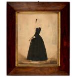 ENGLISH NAIVE ARTIST, 19TH C PORTRAIT OF A LADY full length in profile before drapery, ink and