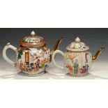 TWO CHINESE EXPORT PORCELAIN FAMILLE ROSE TEAPOTS AND COVERS, C1770 with early silver or silvered