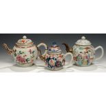 TWO CHINESE EXPORT PORCELAIN TEAPOTS AND COVERS, C1760-70 with early silvered metal replacement