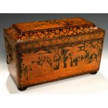 A REGENCY PENWORK TEA CADDY, C1820 of sarcophagus shape, the exterior and interior finely