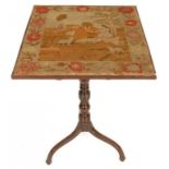 A GEORGE III MAHOGANY TRIPOD TABLE, LATE 18TH C with square top with woolwork panel of a piping