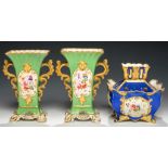 A PAIR OF STAFFORDSHIRE FLARED RECTANGULAR BONE CHINA VASES, C1830 painted with floral reserves in