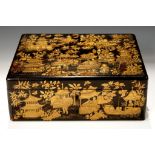 A CHINESE BLACK AND GOLD EXPORT LACQUER BOX, EARLY 19TH C decorated on all four sides and fitted