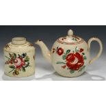 A CREAMWARE BULLET TEAPOT AND COVER AND A TEA CANISTER, C1770 AND 80 painted with scattered