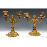 A PAIR OF ROCOCO REVIVAL GILT BRASS CANDELABRA, MID 19TH C of two lights, nozzles, 21cm h++Gilding