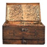 A NORTHERN EUROPEAN BRASS AND IRON NAILED ASH TRAVELLING TRUNK, DATED 1742 the coffered lid with