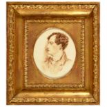 AFTER GEORGE HENRY HARLOW PORTRAIT OF LORD BYRON watercolour en grisaille, oval, 18 x 15.5cm++Good