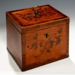 A GEORGE III SATINWOOD, ROSEWOOD, PENWORK AND MARQUETRY TEA CADDY, C1800 the front and lid decorated