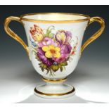 A DERBY BELL SHAPED LOVING CUP, C1810 with entwined handles and painted with a richly coloured