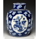 A CHINESE BLUE AND WHITE JAR AND COVER, QING DYNASTY, 19TH C the jar painted with four panels of