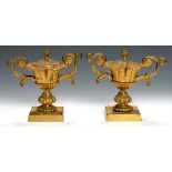 A PAIR OF ENGLISH GILT BRASS PASTILLE BURNERS, EARLY 19TH C of campana shape, the cover with