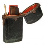 A STEEL MOUNTED LEATHER ETUI, LATE 18TH C retaining several contemporary accessories including