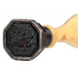 AN IVORY BALUSTER HANDLED SILVER DESK SEAL, 19TH C with Islamic engraved heliotrope matrix, 7cm h++