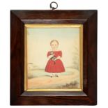 ENGLISH NAIVE ARTIST, EARLY 19TH C PORTRAIT OF A CHILD IN A RED DRESS holding a kitten, watercolour,