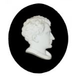 A BISCUIT PORCELAIN BAS RELIEF PORTRAIT OF LORD BYRON, EARLY 19TH C on oval black glass mount, 10.