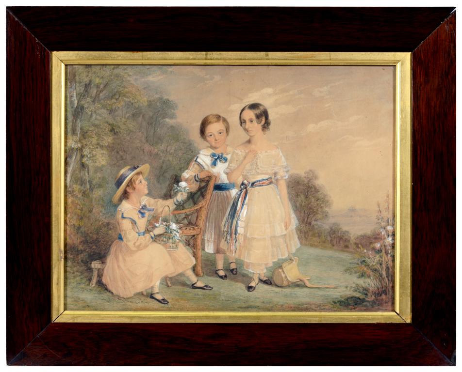 ENGLISH SCHOOL, MID 19TH C TRIPLE PORTRAIT OF THREE YOUNG CHILDREN IN A WEST CORNWALL GARDEN WITH ST