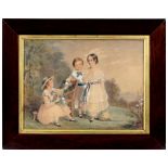 ENGLISH SCHOOL, MID 19TH C TRIPLE PORTRAIT OF THREE YOUNG CHILDREN IN A WEST CORNWALL GARDEN WITH ST