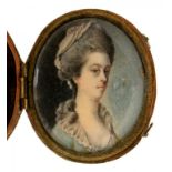 ENGLISH SCHOOL, C1780 A LADY in light blue dress with lace collar, ivory oval, 4.8 x 3.8cm, fishskin