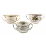 A CREAMWARE CHAMBER POT AND TWO EARTHENWARE CHAMBER POTS, EARLY AND MID 19TH C the first printed and