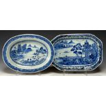 TWO CHINESE EXPORT PORCELAIN BLUE AND WHITE DISHES, C1780-90 painted with landscapes, 25 and 26cm