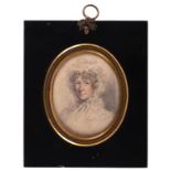 ENGLISH SCHOOL, C1800 A LADY pencil and chalk on card, oval, 8.6 x 7cm, papier mâché frame with