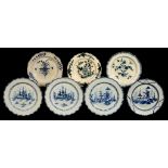 SEVEN ENGLISH PEARLWARE PLATES, C1780-1800 painted in blue with 'long Eliza', Pagoda and Fence or