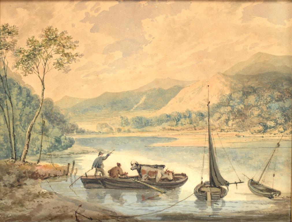 ENGLISH SCHOOL, EARLY 19TH C TWO MEN AND LIVESTOCK ON A FERRY watercolour, 17 x 22cm++Reasonably