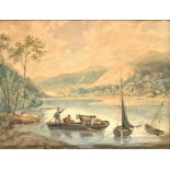 ENGLISH SCHOOL, EARLY 19TH C TWO MEN AND LIVESTOCK ON A FERRY watercolour, 17 x 22cm++Reasonably