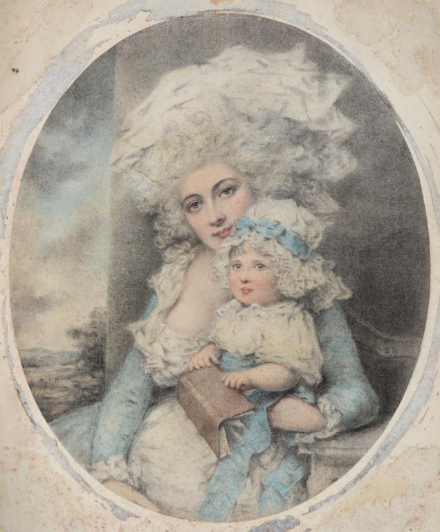 AFTER JOHN DOWNMAN, ARA DOUBLE PORTRAIT OF A LADY AND CHILD watercolour, oval, 22 x 18cm++Laid