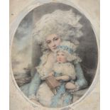 AFTER JOHN DOWNMAN, ARA DOUBLE PORTRAIT OF A LADY AND CHILD watercolour, oval, 22 x 18cm++Laid