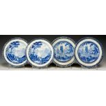 TWO PAIRS OF BLUE PRINTED PEARLWARE VILLAGE CHURCH AND THE TRIO PATTERN ARCADED PLATES, C1820 18cm