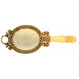 A CHARLES X GILTMETAL AND MOTHER OF PEARL HAND MIRROR, PALAIS ROYAL, C1825 20cm h++Silvering heavily