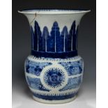 A CHINESE BLUE AND WHITE VASE, QING DYNASTY, 18TH C the flared neck painted with stiff leaves,