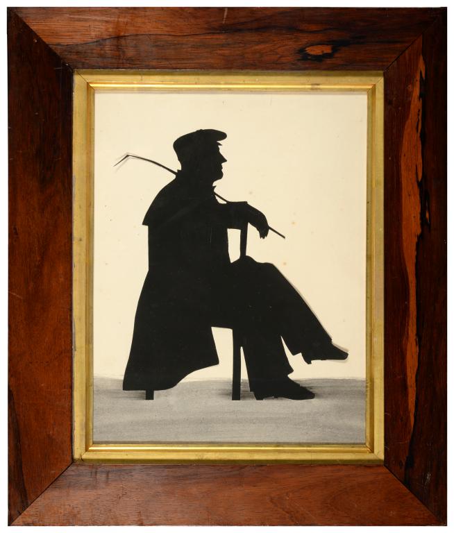 ENGLISH PROFILIST, SILHOUETTE OF LORD BYRON seated full length, cut paper and grey wash, 21.5 x