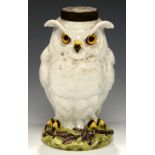 A FRENCH PORCELAIN OWL NOVELTY OIL LAMP, C1890 with glass eyes, brass mount, green printed mark