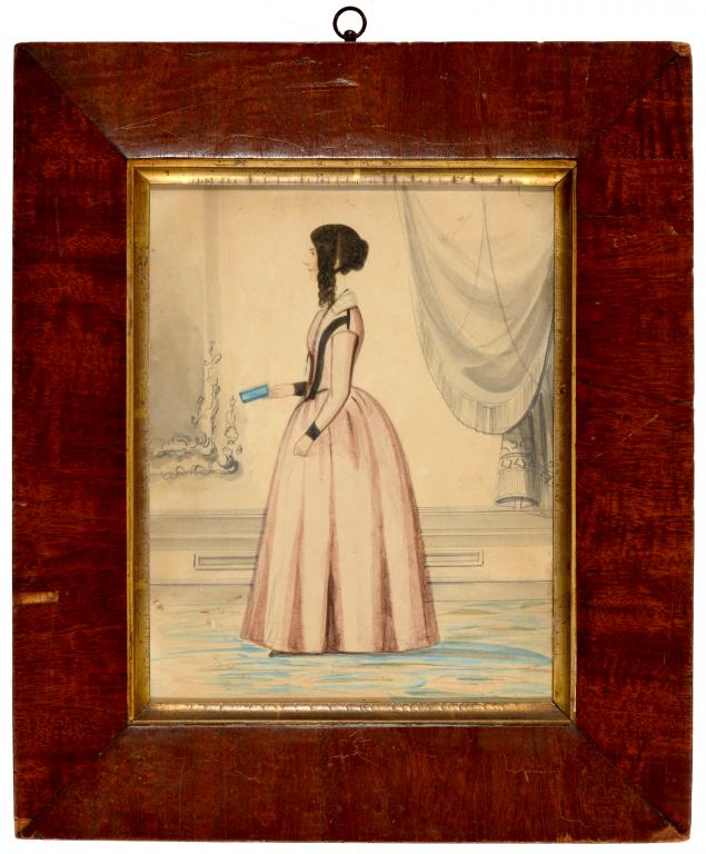 ENGLISH NAIVE ARTIST, MID 19TH C PORTRAIT OF A LADY full length in profile before drapery, pencil