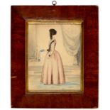 ENGLISH NAIVE ARTIST, MID 19TH C PORTRAIT OF A LADY full length in profile before drapery, pencil
